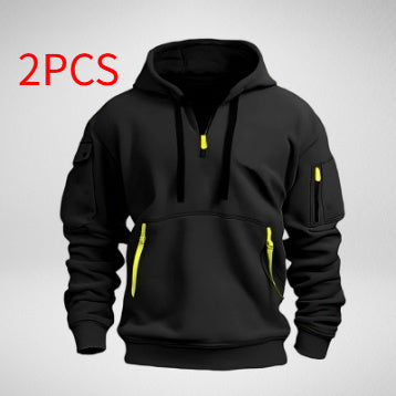 Black hoodie with yellow zipper pulls and side pockets, long sleeves, and a hood, 2PCS