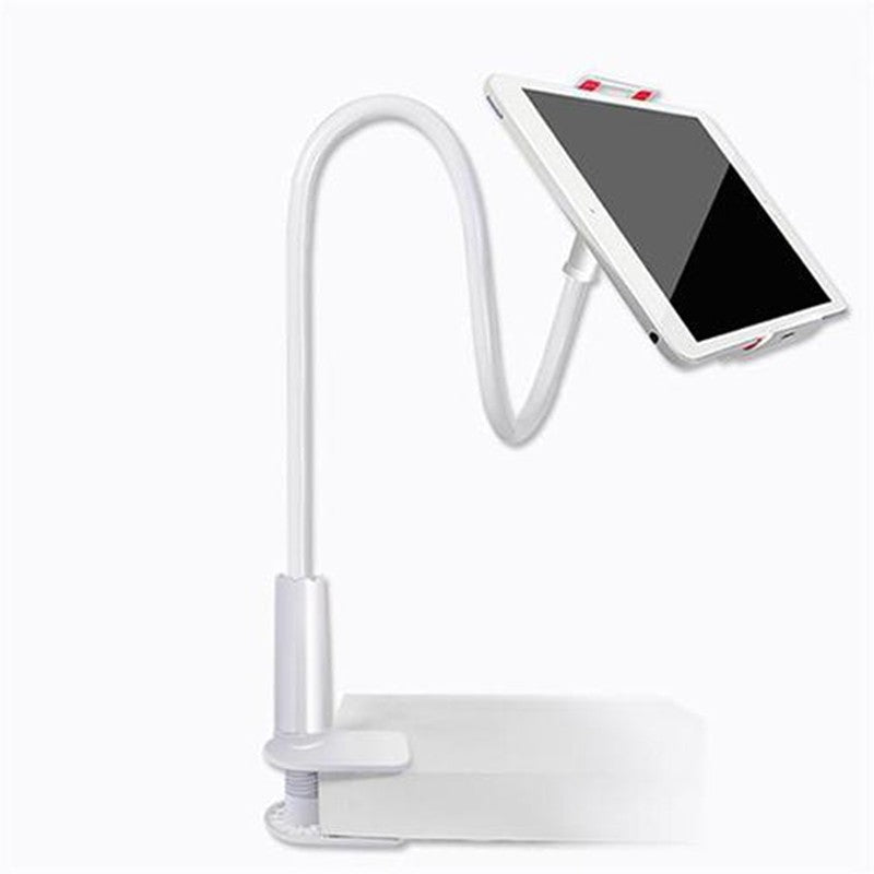 Flexible white tablet holder with clamp base securely holding a tablet, ideal for desk use