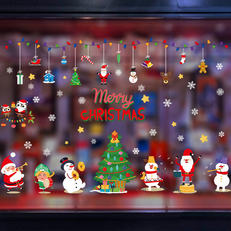 Festive Christmas window decal with Santa, snowmen, Christmas tree, ornaments, and 'Merry Christmas' text