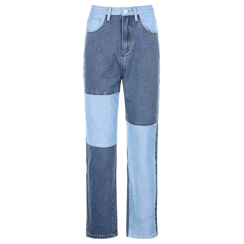 High Waist Straight Jeans - Women's Denim Pants With Contrast Stitching