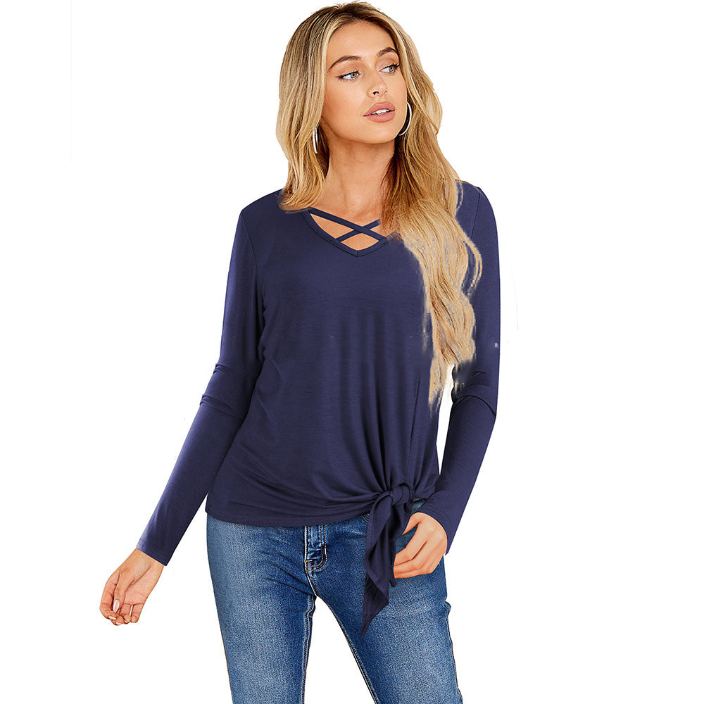 Women Casual T-Shirts - Long Sleeve Bandage Style Tee With Hollow Stitching