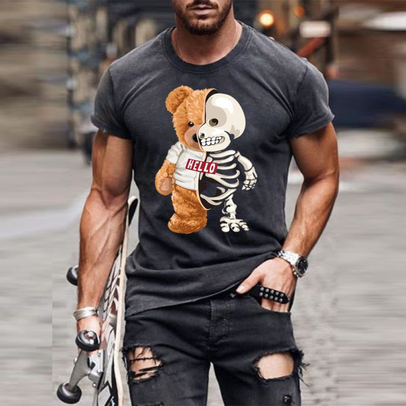 Collarless Black T-Shirt - Teddy Bear Print Casual Round Neck Short Sleeve Tee