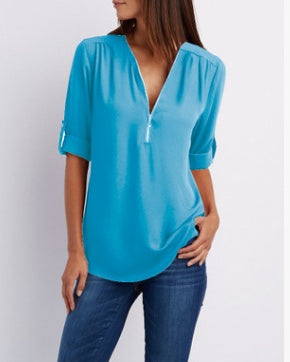 Zip V-Neck Shirt Women - Loose Short Sleeve Tops, Breathable Dacron Fabric