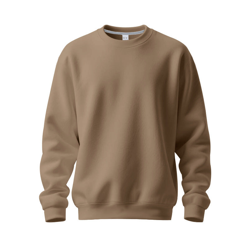 brown crewneck sweatshirt with long sleeves and ribbed cuffs and hem