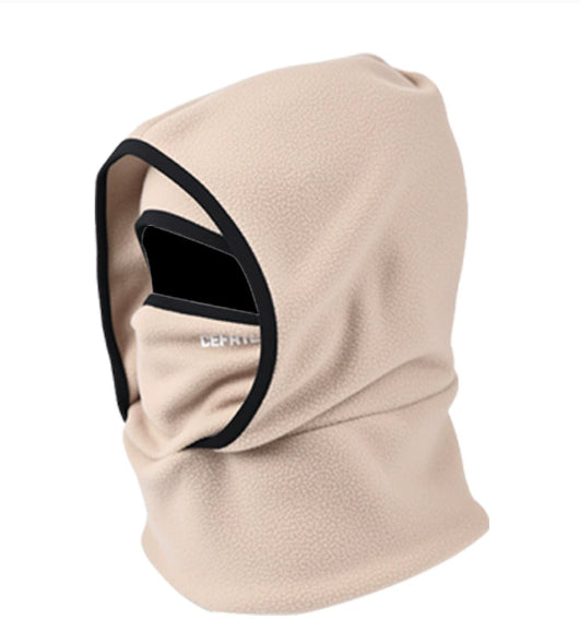 Beige fleece balaclava hood with black trim for cold weather protection