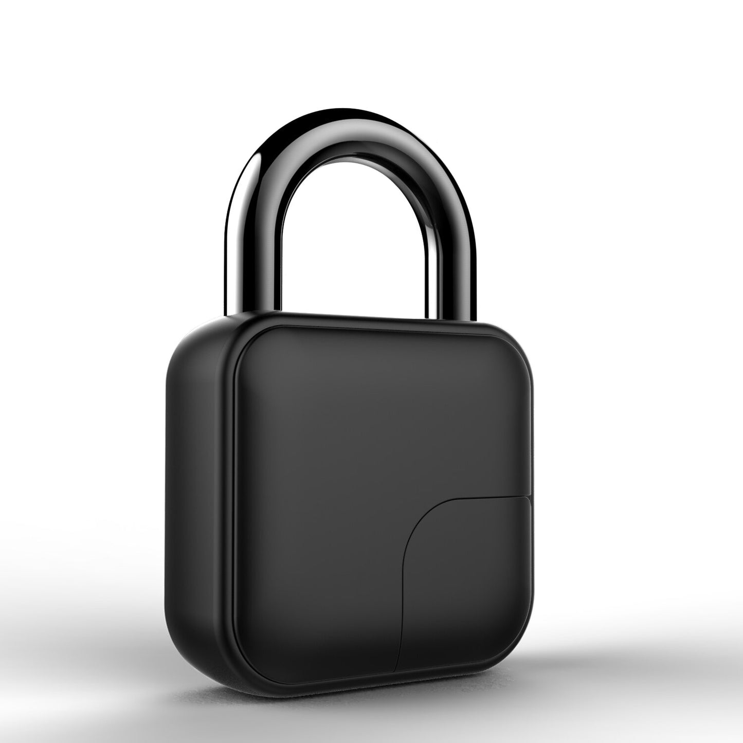 Modern black padlock with rounded edges and metallic shackle on white background