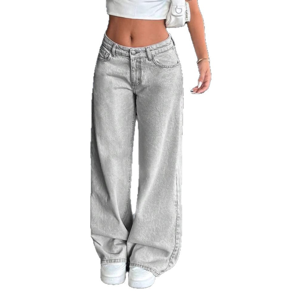 Washed Straight Jeans - Women's Light Gray Denim Pants | Low Waist Cotton Fit