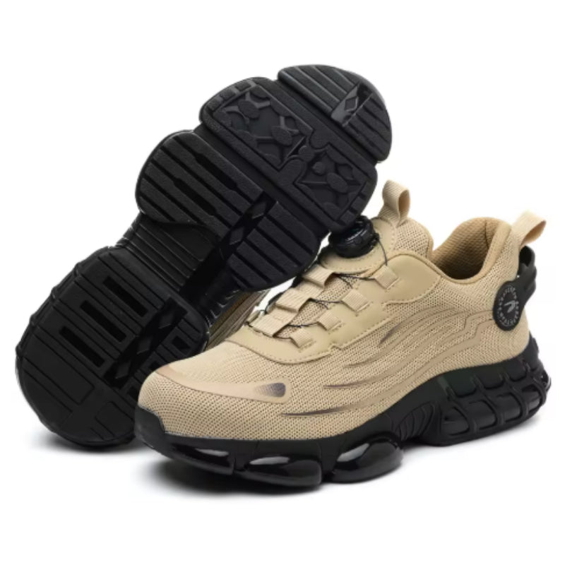 Beige athletic sneakers with breathable mesh upper and thick black rubber sole with unique tread pattern