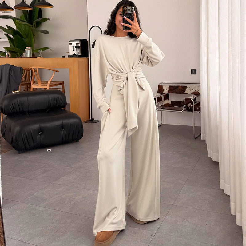 Waist-Tied Ribbon Pants Casual Suit - Comfortable Polyester Lounge Wear