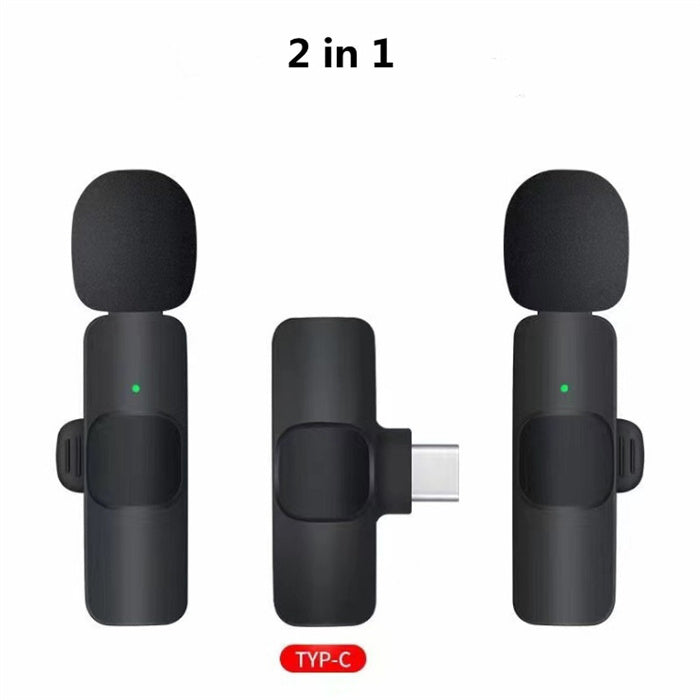 2-in-1 black wireless microphone with foam windscreen and Type-C USB connector shown from three angles