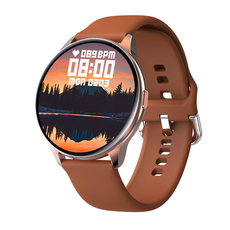 Round smartwatch with brown silicone strap showing sunset landscape and heart rate 89 BPM on display