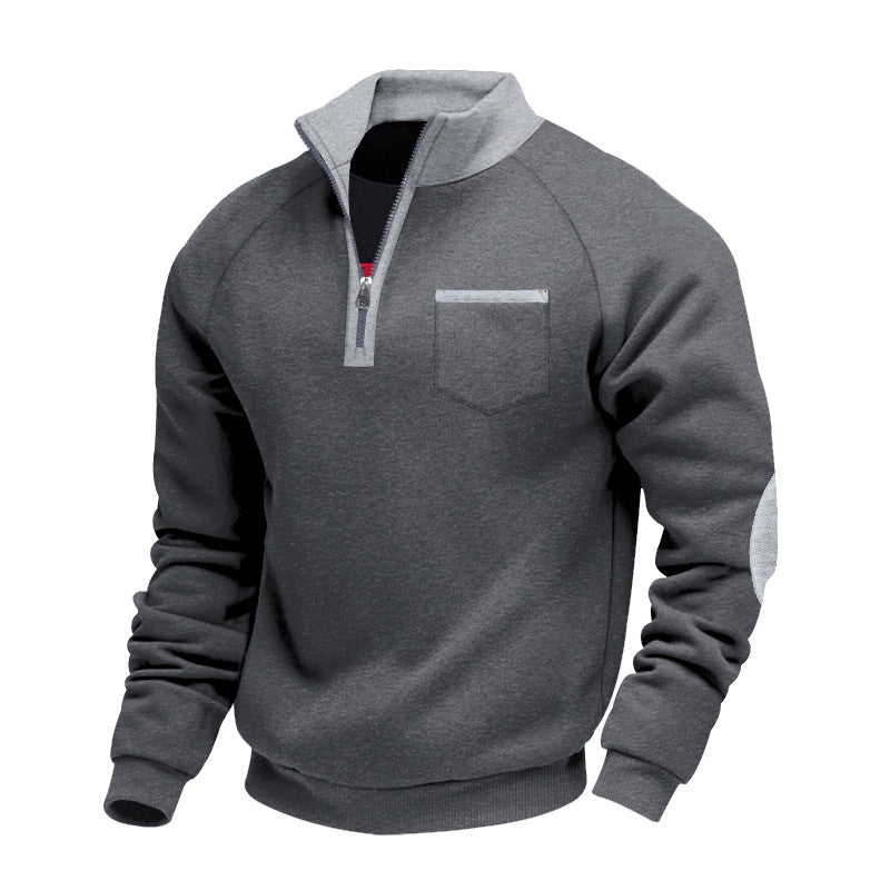 dark gray quarter-zip pullover sweater with light gray collar, pocket trim, and elbow patches