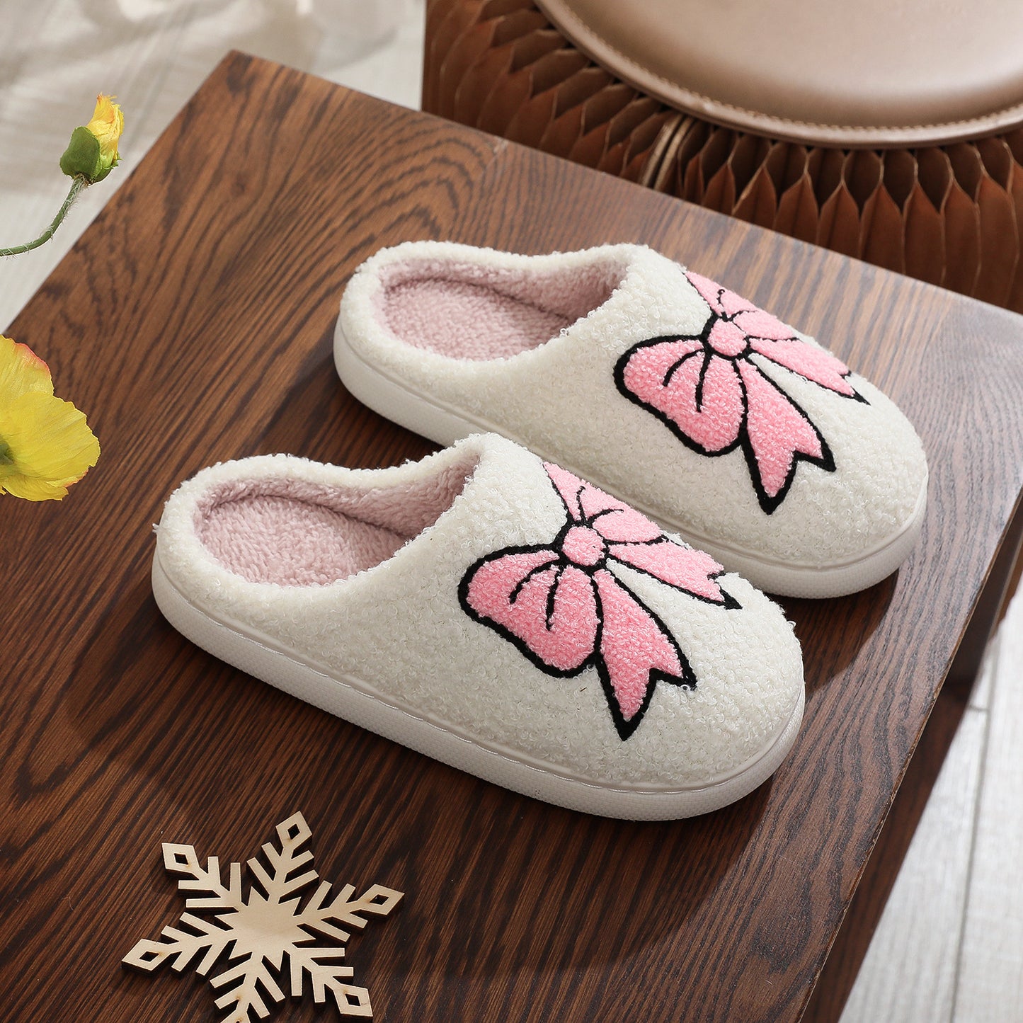 Cotton Slippers Women | Cute Bow Plush Non Slip Indoor Shoes With Soft Wool