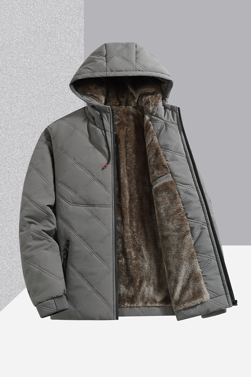 Gray quilted hooded jacket with soft brown faux fur lining and zippered pockets
