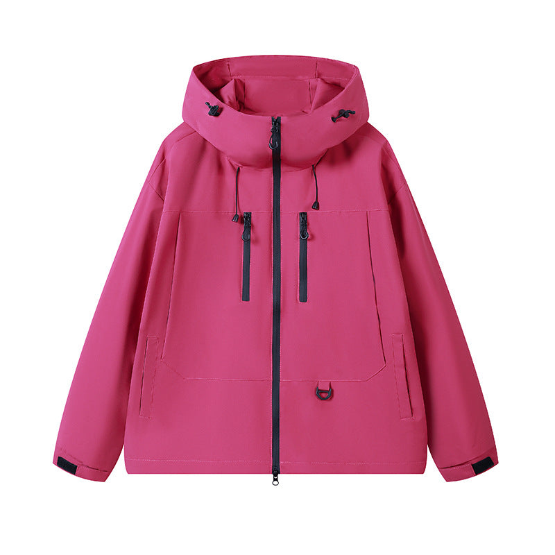 Pink waterproof hooded jacket with black zipper and adjustable drawstrings