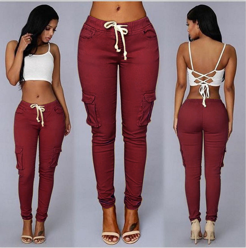 Women's Casual Pants - Multi-Pocket Cotton Trousers With Tight Fit And Middle Waist