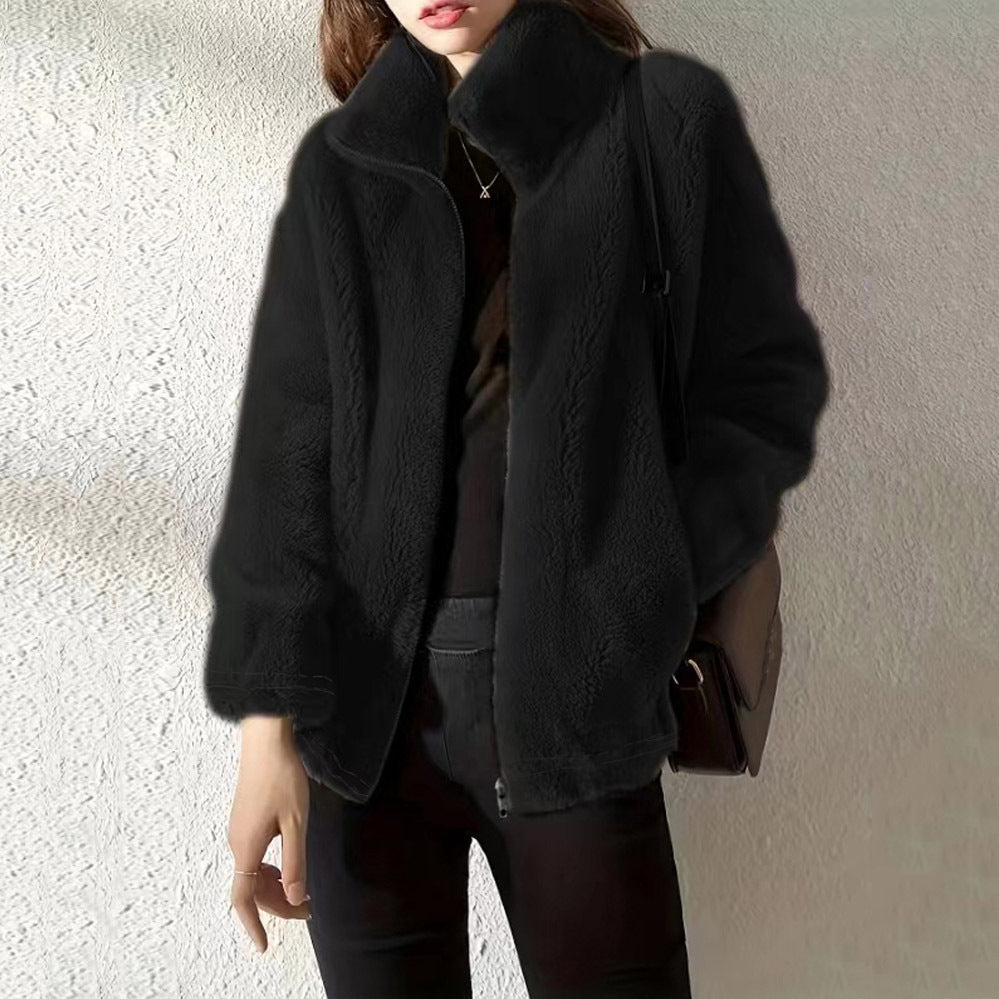 Warm Fleece Sweater Double Faced High Neck Cardigan For Women - Loose Fit