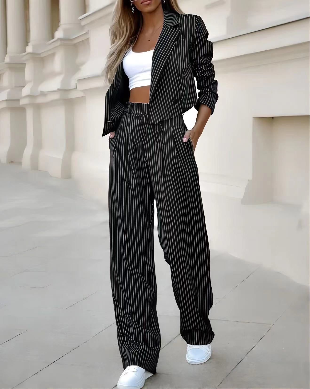 Striped Suits Women | Stylish Spring Fashion Two Piece Set With Cropped Top