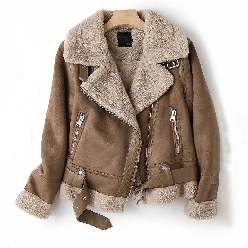 Suede Winter Jacket - Women's Warm Coat With Lamb Wool Motorcycle Outerwear