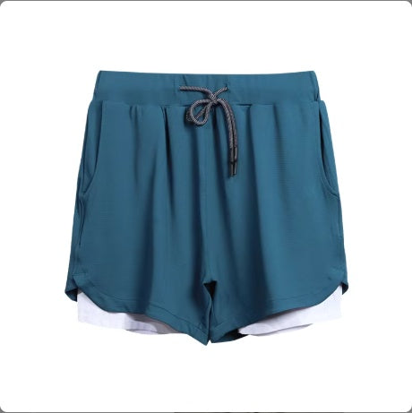 Blue casual women's shorts with white inner lining and drawstring waist