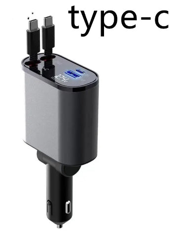 Compact car charger with dual USB ports and two Type-C cables plugged in