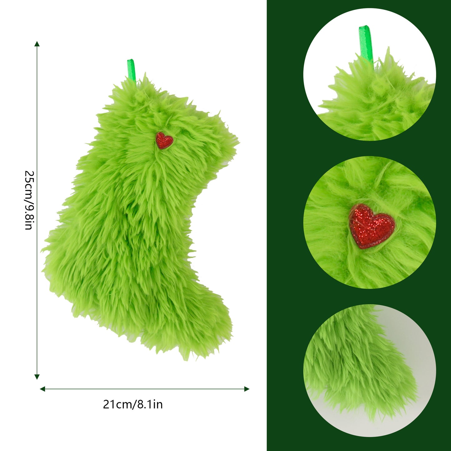 Green fluffy Christmas stocking with red heart detail, 25x21cm holiday decoration