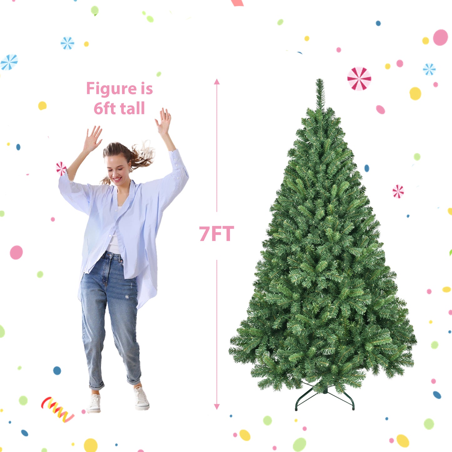 7ft artificial Christmas tree with a woman standing nearby, figure height 6ft for size reference