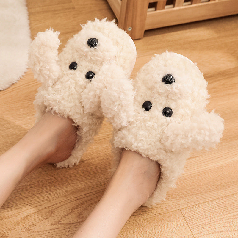 Cozy white fluffy dog-shaped slippers worn on feet on wooden floor