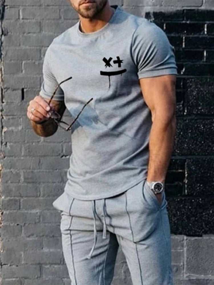 Men's Tracksuit Set – Short Sleeve T-Shirt & Track Pants | Grey Polyester Blend