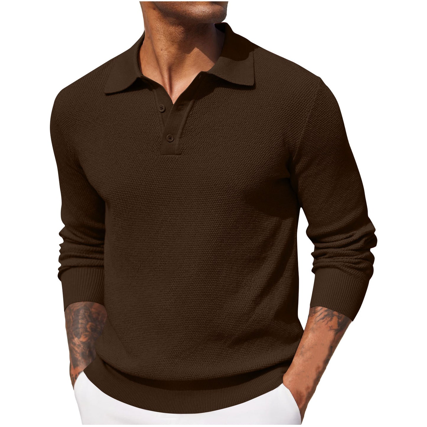 Casual Long Sleeve Top - Men's Autumn Solid Color Polyester Shirt