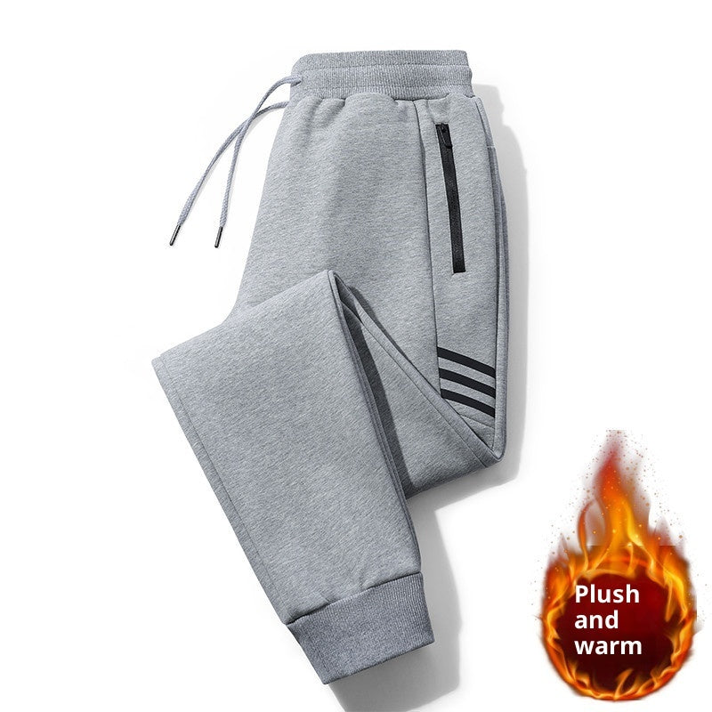 Gray plush warm jogger pants with zipper pocket and ribbed cuffs for cold weather