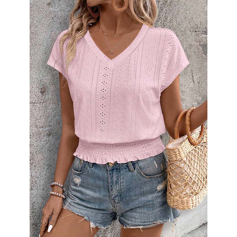 Women Summer Eyelet Top - Casual V Neck Blouse With Smocked Elastic Hem
