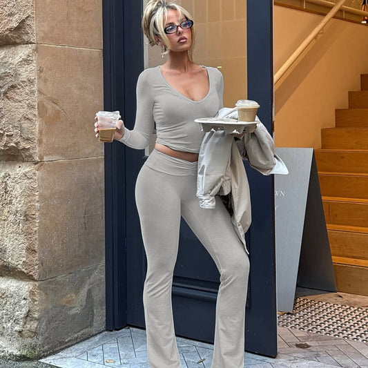 Wide-Leg Pants Suit With Midriff Top Set | Street Fashion Outfit | Gray Polyester Fiber