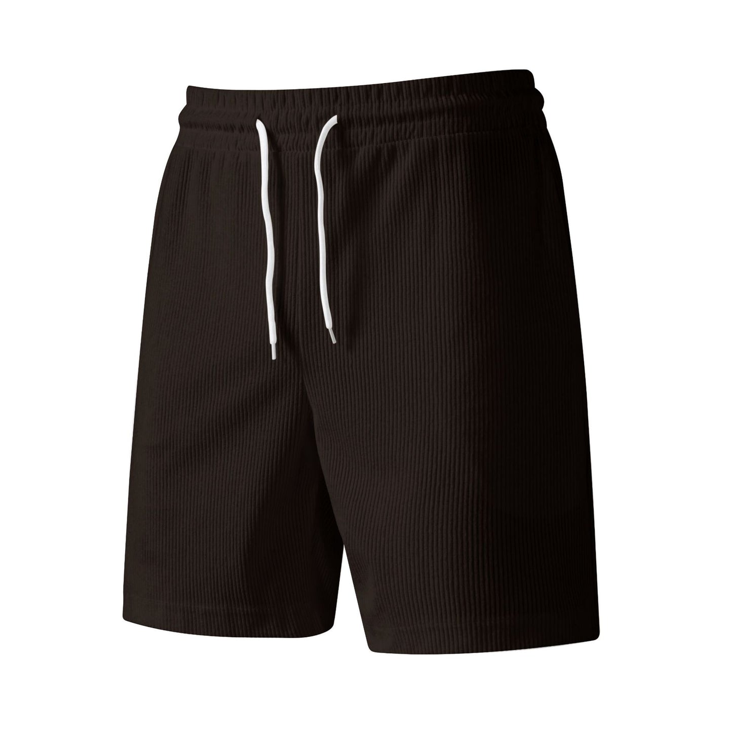 Black textured men's casual shorts with white drawstring on white background