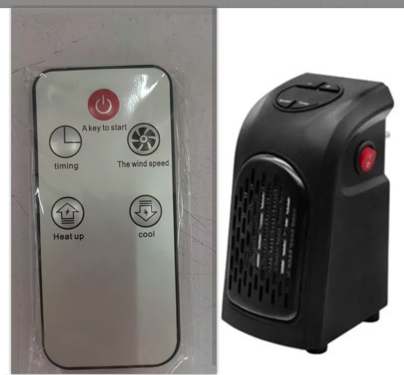Black portable electric space heater with remote control showing power, timing, wind speed, heat up, and cool functions