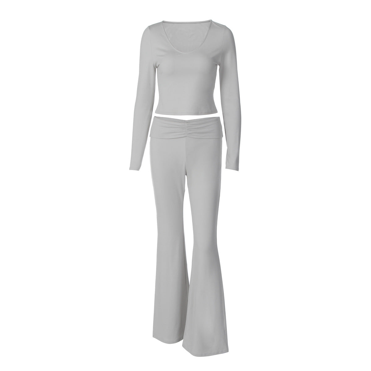 Wide-Leg Pants Suit With Midriff Top Set | Street Fashion Outfit | Gray Polyester Fiber