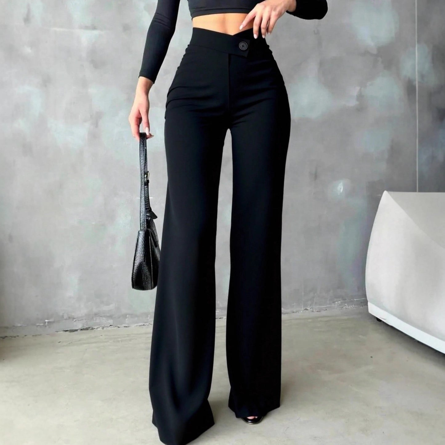 High Waist Straight Pants - Women's Casual Black Polyester Trousers