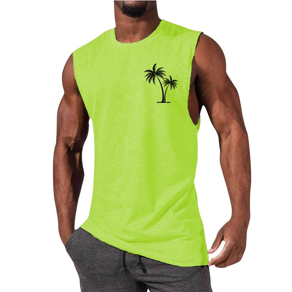 Men's Workout Tank Top - Summer Fitness Vest With Coconut Tree Embroidery