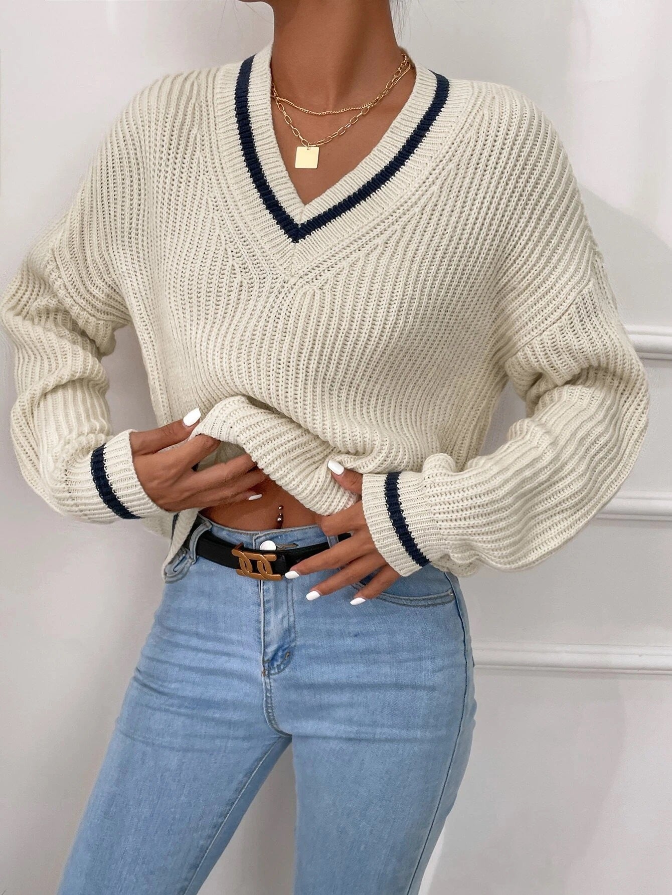 Cable Knit Sweater Women’s Winter V Neck Striped Pullover Top – Cozy Casual Jumper