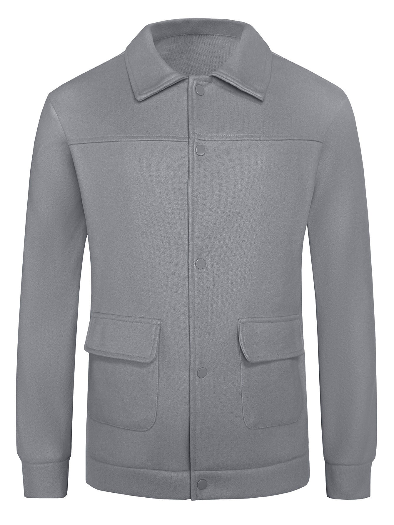 Gray men's fleece jacket with snap buttons and front flap pockets on white background