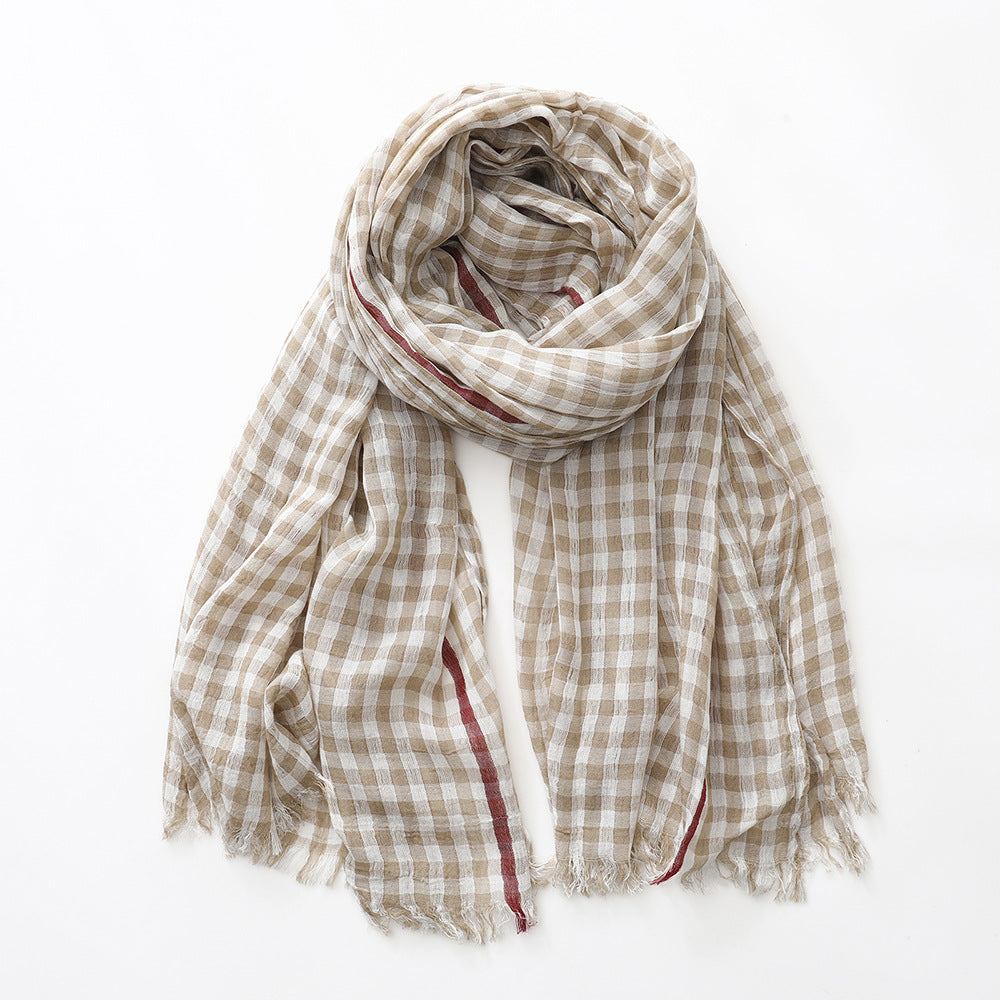 Plaid Cotton Scarf - Thin Lightweight Mid-Length Scarf for Men Women