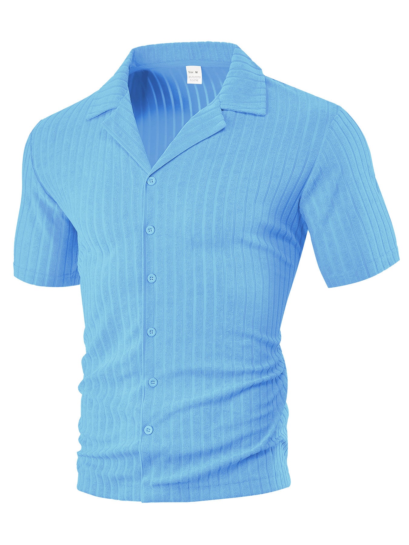 Men's light blue short sleeve button-up ribbed polo shirt with collar