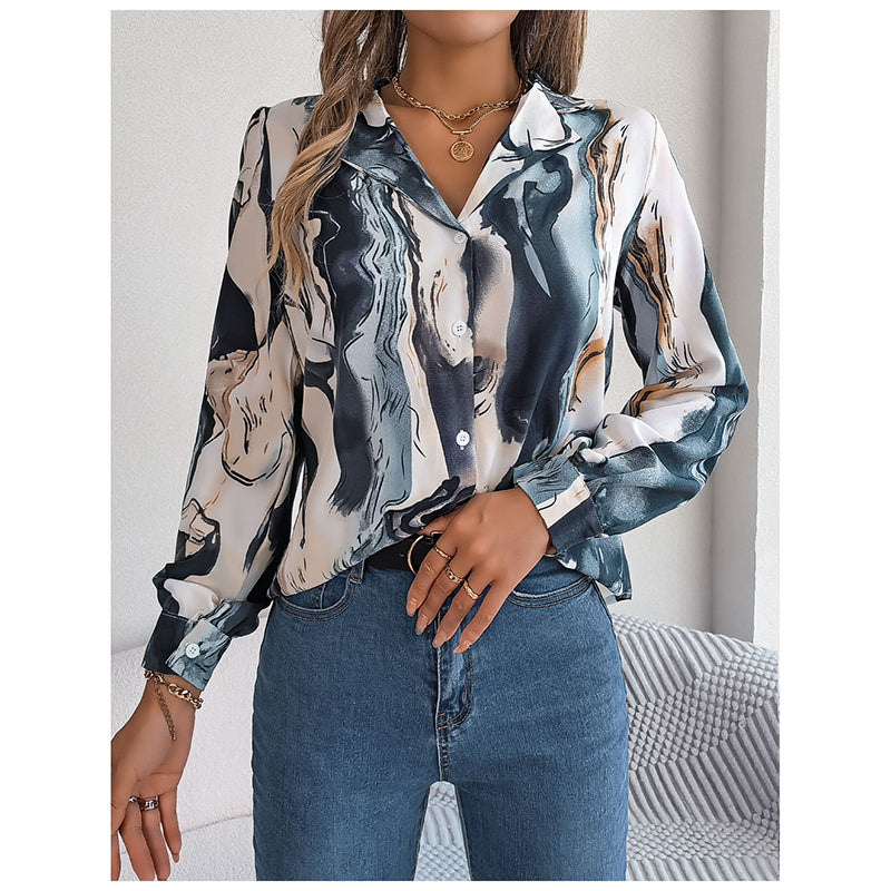 Printed Button Down Shirt - Women's Fall Tops With V Neck & Long Sleeves