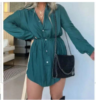 Women's Long Sleeve Jumpsuit - Lace-Up Button Shirt Dress, Stylish Spandex