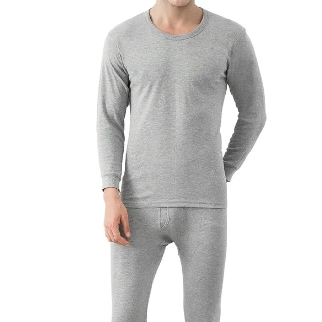 Man wearing grey long-sleeve thermal underwear top and bottom for cold weather