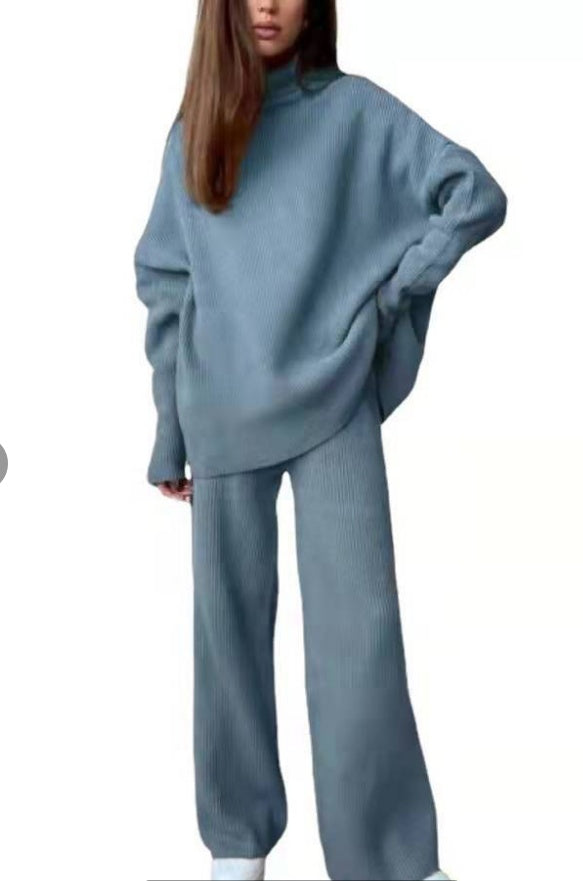 Knitted Tracksuit Set - Women's Two Piece Clothing With Turtleneck Sweater & Pants