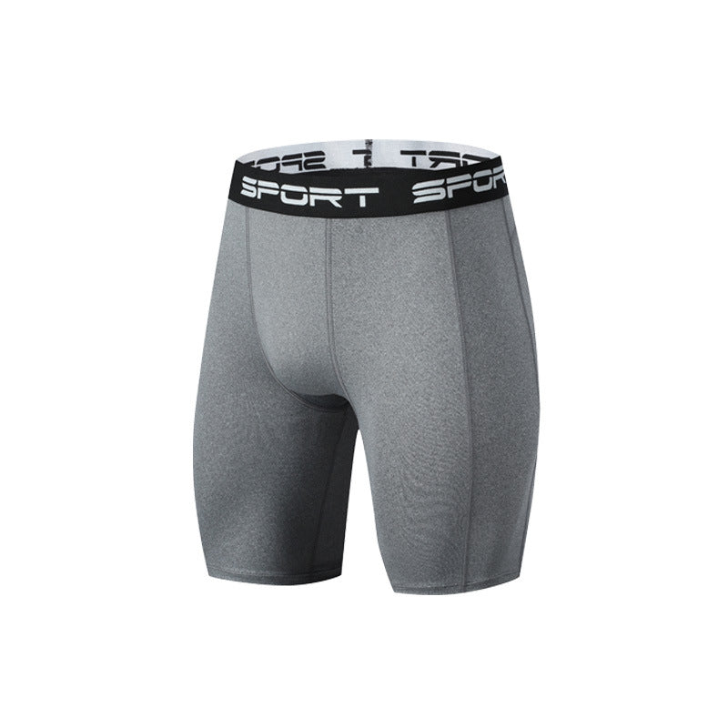 Gray men's compression sport shorts with black waistband labeled SPORT