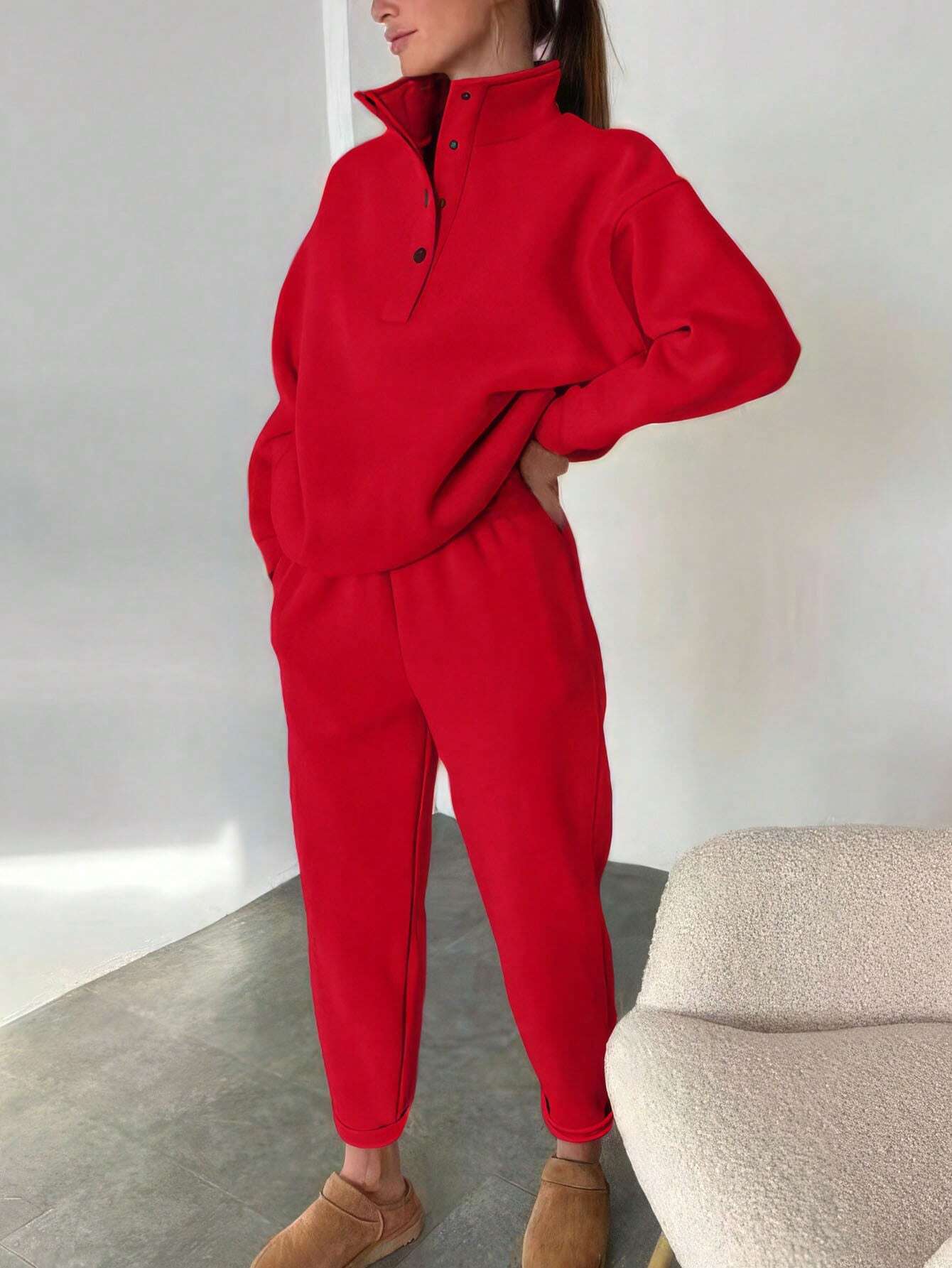 Oversized Casual Tracksuit – Women's Solid Color 2 Piece Pant Set With Warm Hoodie