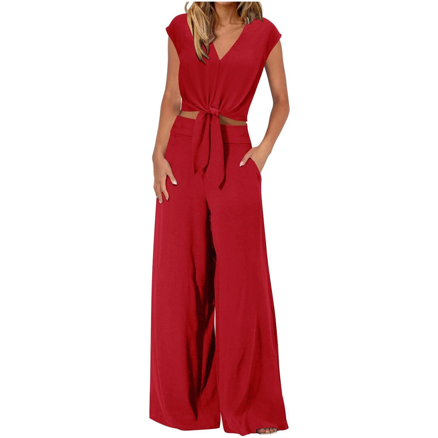 Women's 2-Piece Set | Sleeveless Crop Top & Polyester Pants | Trendy Pocket Detail