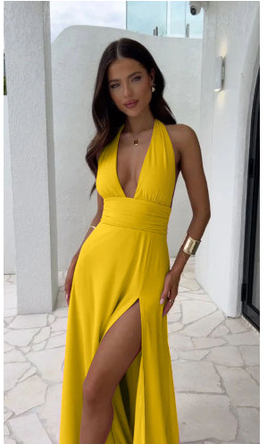 Halterneck Slit Dress – Stylish Backless Summer Sleeveless Polyester Dress